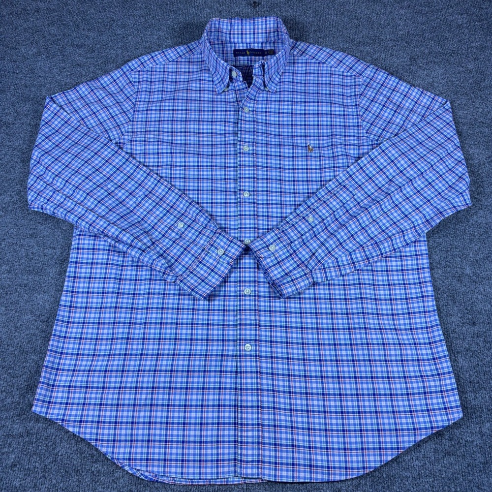 Ralph Lauren Mens XL Blue Plaid Cotton Button Down Shirt Long Sleeve Pony Logo